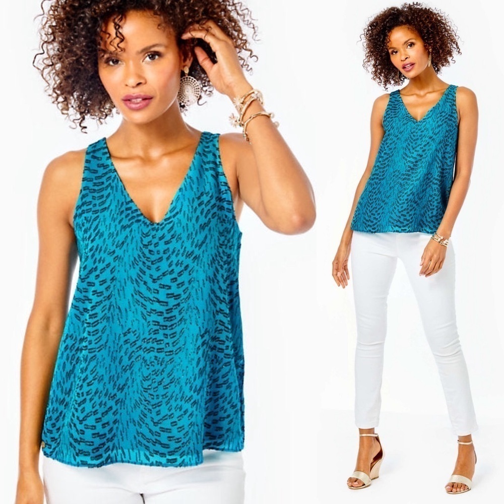 Lilly Pulitzer Florin Silk Top Teal Bay Silk Swirl Clip XXS NWT